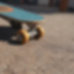 Close-up of a small skateboard deck showcasing its unique design features