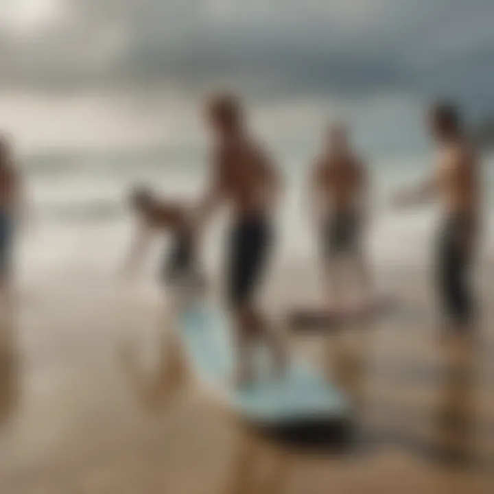 A group of surfers and skateboarders interacting at a beach event, symbolizing the community and cultural ties between the two sports.