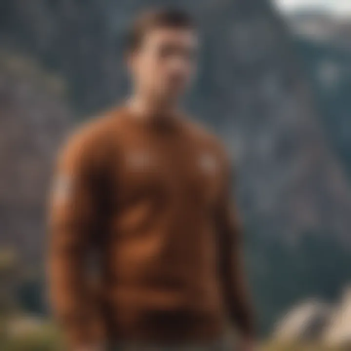 A brown crew neck sweater styled with extreme sports gear in an outdoor setting.