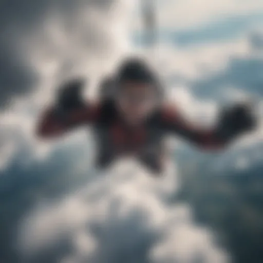 Thrilling skydiver navigating through the clouds