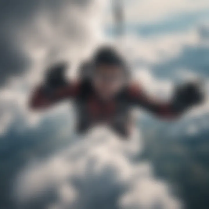 Thrilling skydiver navigating through the clouds