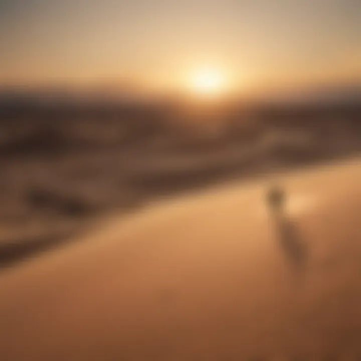 Silhouette of a sandboarder against the setting sun on a vast desert landscape