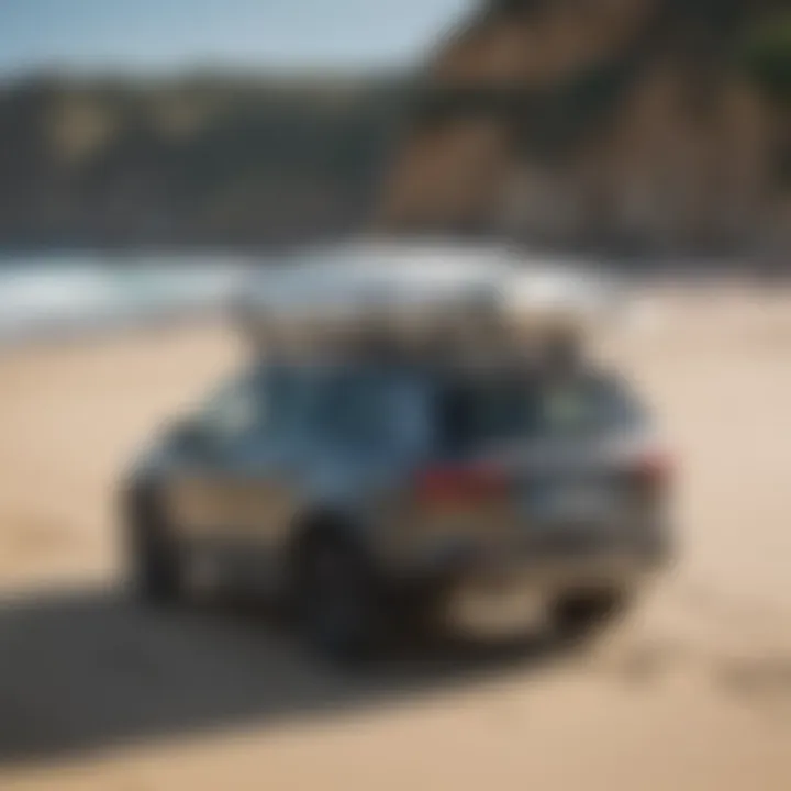 Thule surf rack with surfboard mounted in scenic beach setting