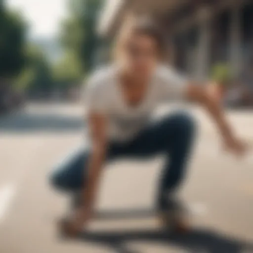 Athlete in tight shirt performing a daring trick on a skateboard