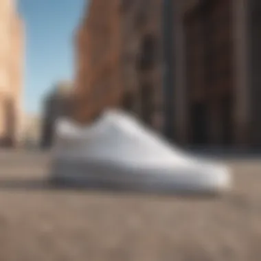 Minimalistic Vans Old Skool V White sneakers against urban backdrop