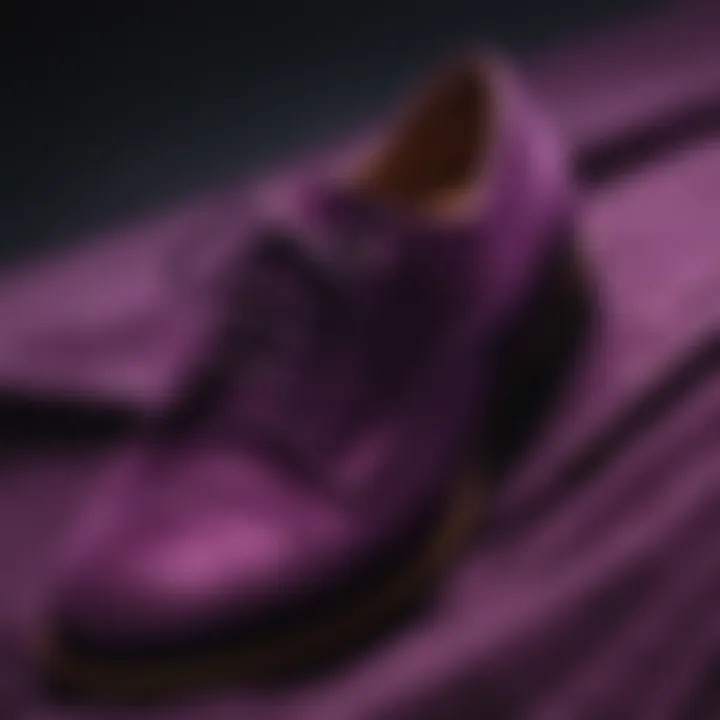 A close-up of the luxurious velvet material of Tom's purple shoes