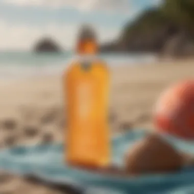 Close-up of Tropicsport SPF 50 bottle on a beach towel.