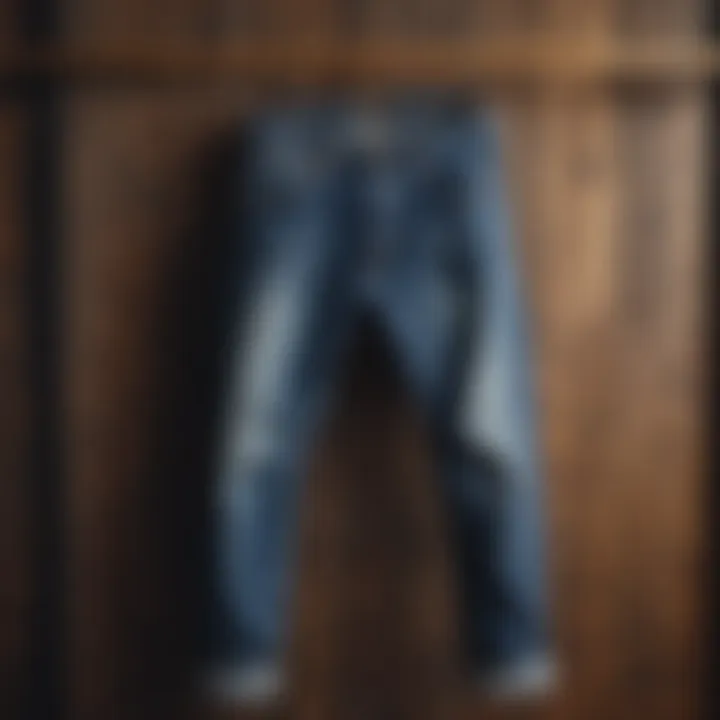 Denim pants hanging on a rustic wooden hanger