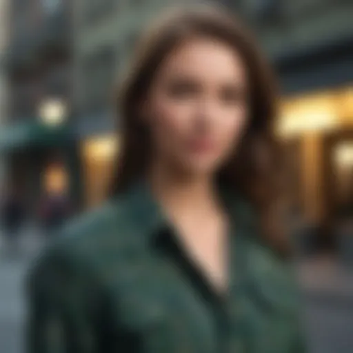 Elegant woman in green plaid flannel shirt posing in urban setting