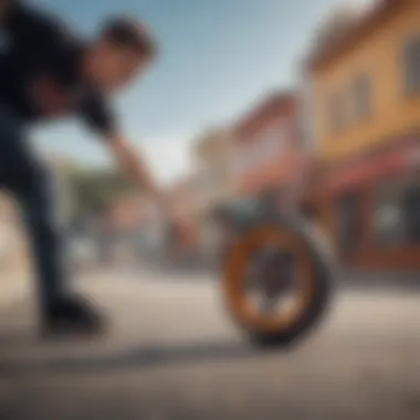 A skateboard enthusiast testing different wheels for performance.