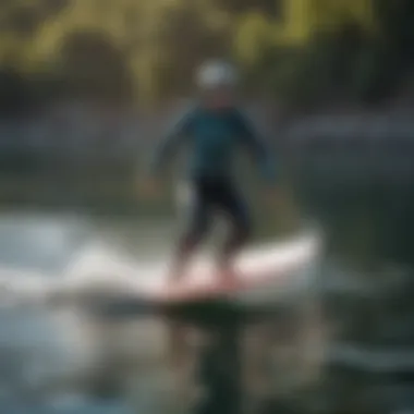 An aerial view of a rider gliding over water on a lift electric surfboard.