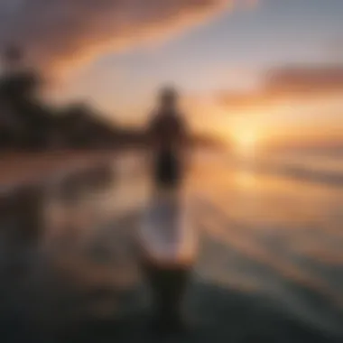 A serene sunset view with a lift electric surfboard on the shore.