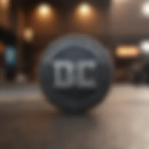 The iconic DC logo displayed prominently on a skateboard