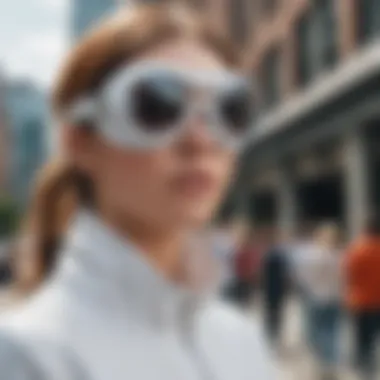 Trendy individual wearing white clout goggles in an urban setting, exuding confidence