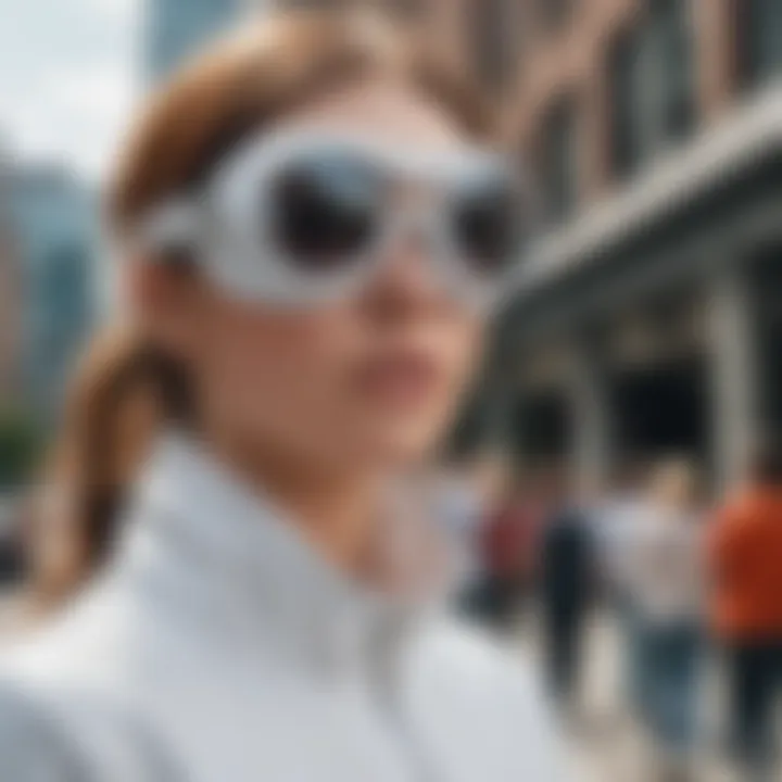 Trendy individual wearing white clout goggles in an urban setting, exuding confidence