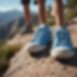 Light blue canvas shoes on rugged mountain terrain
