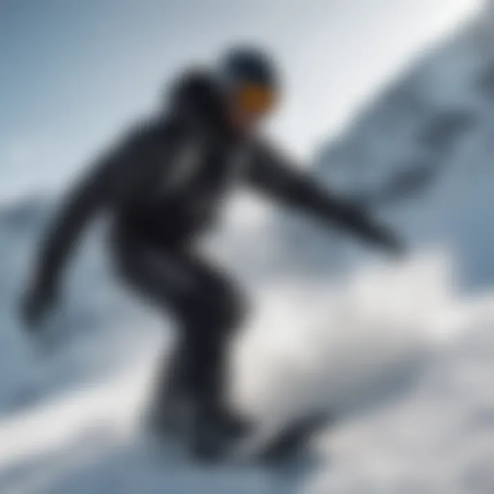 Snowboarder carving through fresh powder in the mountains