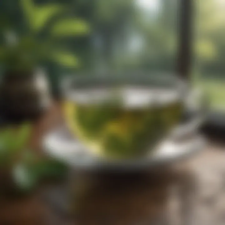 Green tea leaves in a serene setting