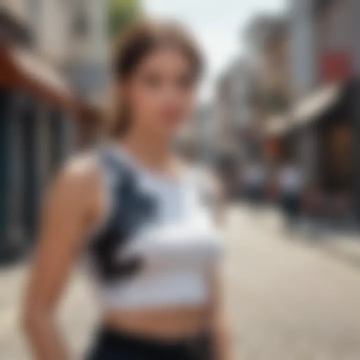 Stylish urban setting showcasing a model wearing a cow crop top