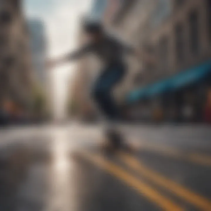 A futuristic city landscape with riders using self-powered skateboards for urban mobility