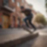 A skateboarder performing tricks in a vibrant urban environment.