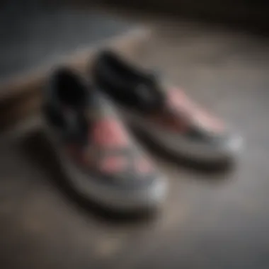 Intricate Rose Adorned Slip-On Vans in Action Close-up of black slip-on Vans with rose design against skateboard ramp