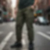 Stylish army green cargo joggers on city street