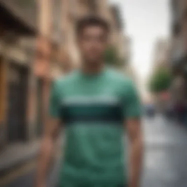 Green Stripe T-Shirt on Skater in Urban Setting