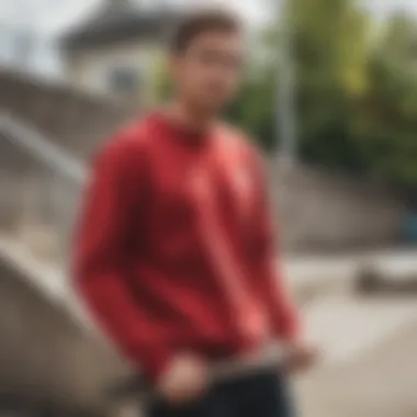 Dynamic Red Tie Dye Sweatshirt on Skateboard Ramp Vibrant red tie dye sweatshirt on skateboard ramp