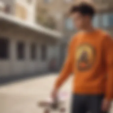 Skateboarder showcasing a Dragon Ball Z sweater with vibrant colors and dynamic patterns Dragon Ball Z sweater featuring vibrant colors and dynamic patterns on a skateboarder