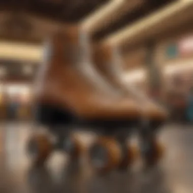 Vintage roller skate collection in a shop