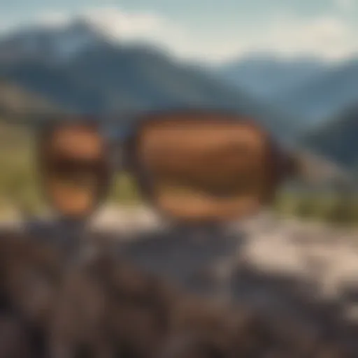 Close-up view of Vonzipper Stache sunglasses on a rugged mountain backdrop