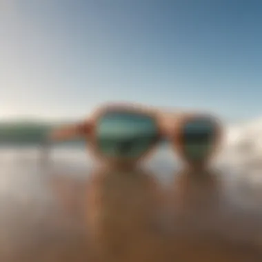 Vonzipper Stache Sunglasses and Surf Culture A stylish arrangement of Vonzipper Stache sunglasses with a surfboard and ocean waves