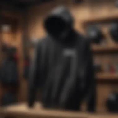 Big black hoodie hanging on a weathered wooden rack in a dimly lit extreme sports gear shop