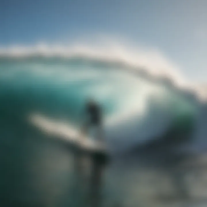 Surfer navigating through massive wave at Wedge Newport Beach