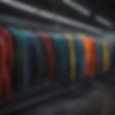 Variety of Wetsuit Top Designs and Color Options Diverse range of wetsuit tops displayed on a rack highlighting various colors and designs