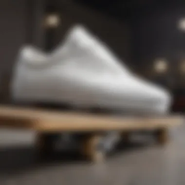 Close-up of white low top Vans on skateboard in motion