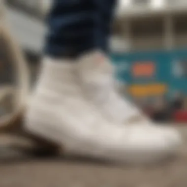 A close-up of white suede Vans mid-air in a BMX stunt