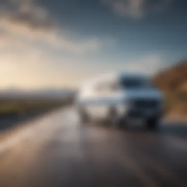 White van with blue stripe reflecting the sky in its glossy finish