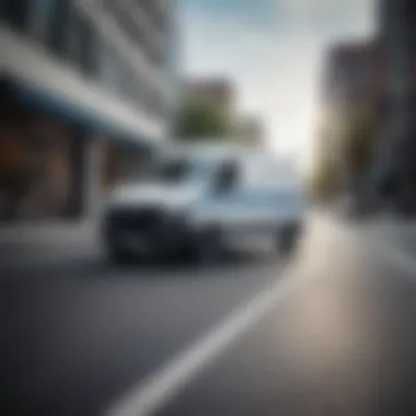 Sleek white van with vibrant blue stripe maneuvering through urban landscape