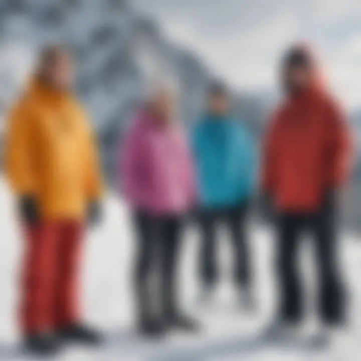 Group of snowboarders in colorful hoodies enjoying a snowy landscape