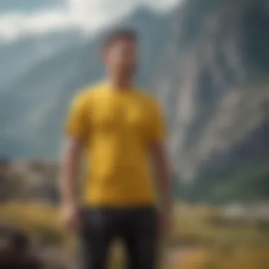 Yellow t-shirt standing out against a rugged mountain backdrop