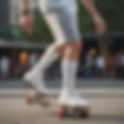 Youth athlete wearing white Nike crew socks in skateboarding competition